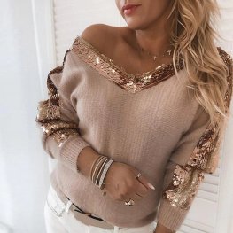 Women Elegant Sequin Sweaters Sexy Off Shoulder V Neck Tops